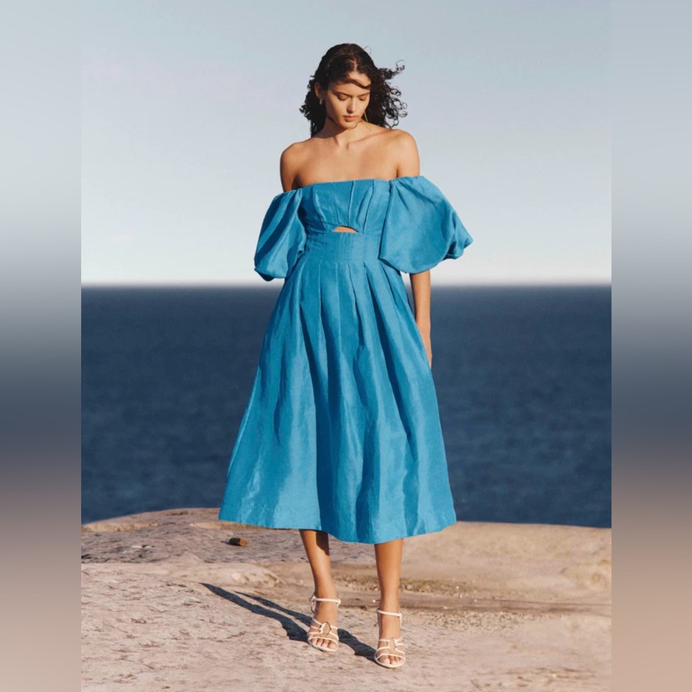 Eugenie Off Shoulder Midi Dress in Azure Blue size US 6/AU 10